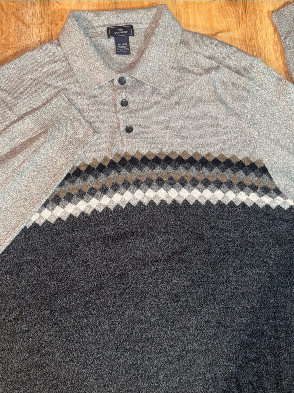 Dockers Mens Polo Western Aztc Long Sleeve 2 XL Gray Argyle Diamond Preppy Soft